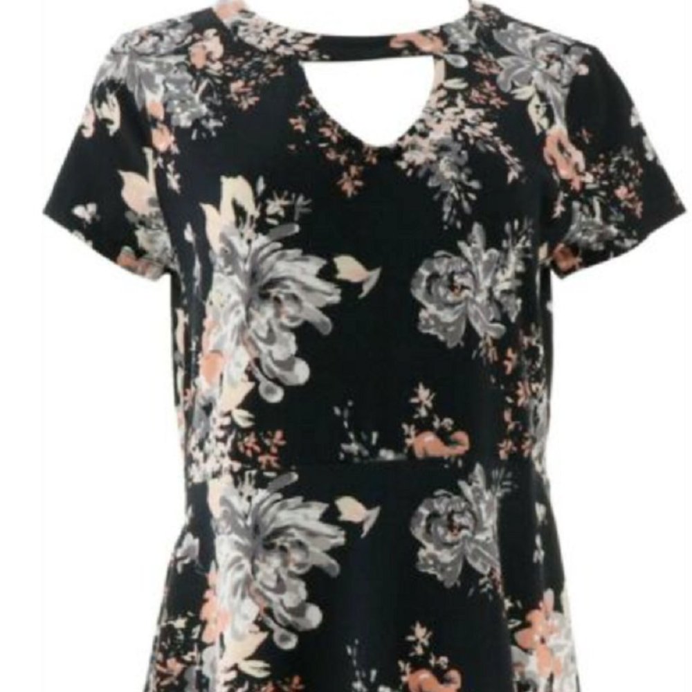 Isaac Mizrahi Floral Printed Knit Peplum Top Keyhole Black & Coral - MEDIUM NEW